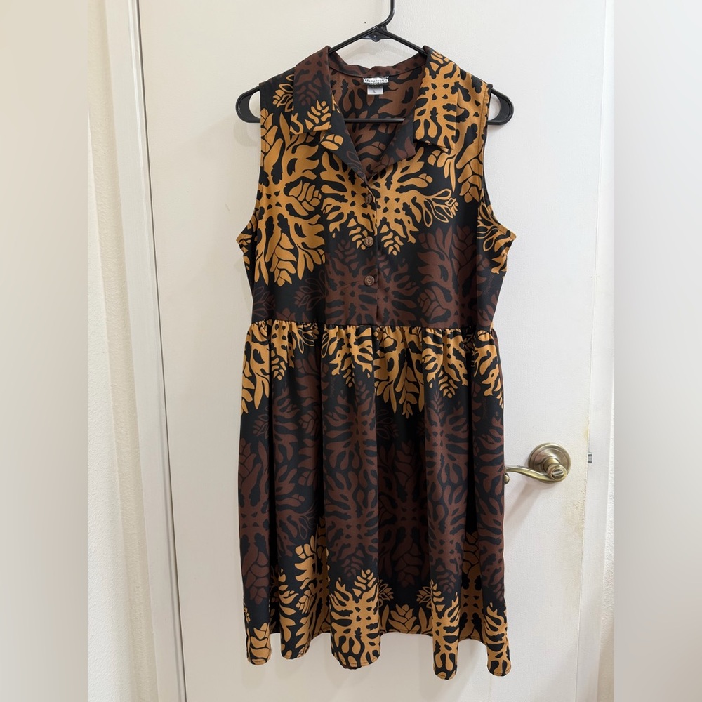 Manuhealii Sleeveless Black and Brown Print Short Dress